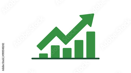 A green bar graph with an upward trend arrow indicating growth and success in business or finance