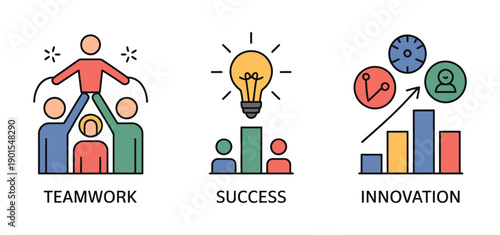 A colorful infographic illustrating the concepts of teamwork, success, and innovation in a modern business setting.
