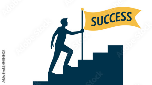 A determined man climbing the stairs to success with a flag in hand