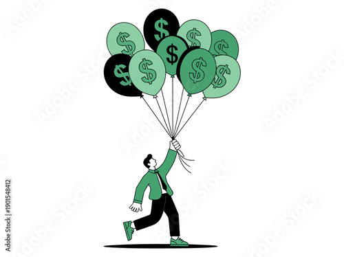 A cartoon man happily walking with a bunch of dollar sign balloons symbolizing financial success and freedom.