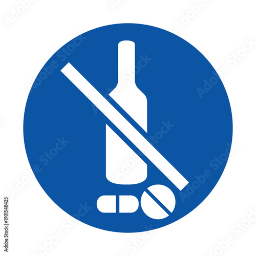 Symbol of prohibition against alcohol and drug use in blue circle design