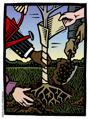 Woodcut illustration of a diverse group working together to plant and water a young tree, symbolizing teamwork, environmental care, sustainability, and community growth through shared responsibility.