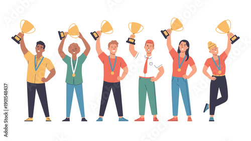 A diverse group of people celebrating success with trophies and medals