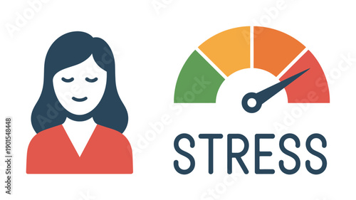 A cartoon woman experiencing stress with a gauge measuring her anxiety levels.