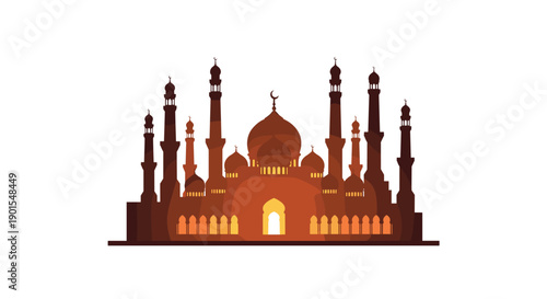 Warmly Illuminated Silhouette of an Elaborate Mosque with Numerous Minarets and a Central Dome, Glowing from Within Against a Plain White Background.