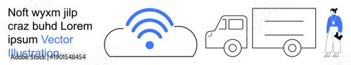 Wireless communication, logistics, cloud storage, delivery systems, transportation, remote access. Cloud symbol with signal, delivery truck courier with clipboard. Wireless communication