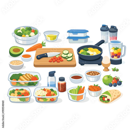 Meal prep ingredients and cooking tools on a table