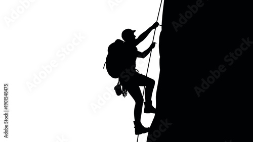 A silhouette of a rock climber ascending a steep cliff face with a rope