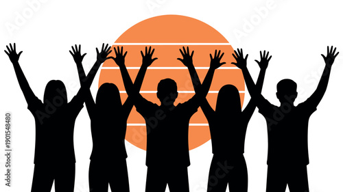 A group of people celebrating together with their hands raised in front of a large orange sun.