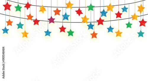 Lively String of Assorted Colorful Glowing Stars Dangling Playfully from Horizontal Lines Against a Clean White Background for Simple Festive Illumination.