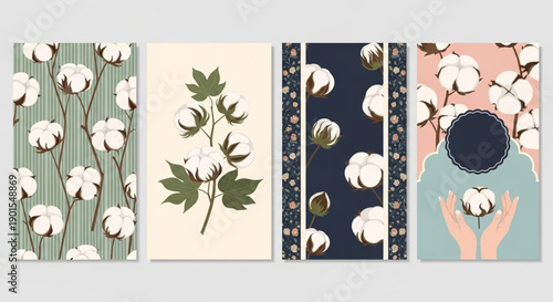 Cotton Plant Illustrations with Various Patterns and Designs on a Neutral Background