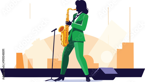 Woman Playing Saxophone on Stage.