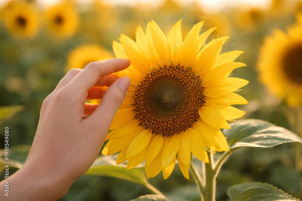 Fototapeta premium Sunflower Touch: A close-up view of a hand tenderly caressing a vibrant sunflower, symbolizing the connection between nature and humanity.