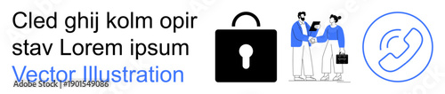 Cybersecurity, communication, data privacy, business collaboration, secure transactions, digital connectivity. Lock icon, two people shaking hands and a phone symbol. Cybersecurity and communication