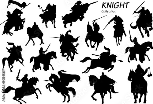 Mounted swordsman silhouette on rearing horse, cloak flowing, scimitar overhead, solid black cutout, minimal background, SVG/stencil style.