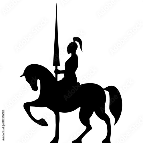 Heroic rider with curved sword on rearing steed silhouette, dynamic pose, bold black shapes, no details, emblem/logo design.