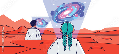 Scientists Viewing Galaxy in Virtual Reality Space.