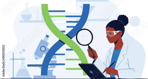 Female Scientist Examining DNA Structure.