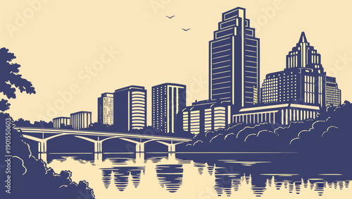 Austin skyline reflected in water with elegant bridge, ideal for cityscape projects, travel website banners, and texasthemed designs.