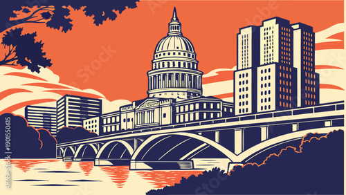 Austin skyline featuring texas landmarks, congress avenue bridge against the beautiful horizon ideal for travel brochures, city guides, and website backgrounds.