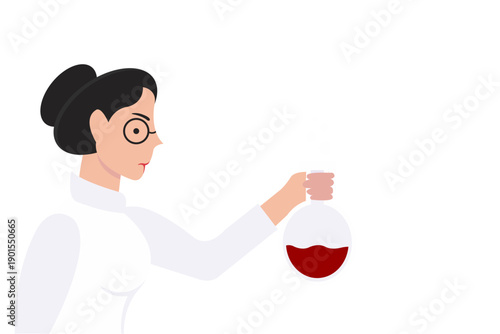 Serious female scientist with round glasses and a hair bun holding a flask of red liquid.