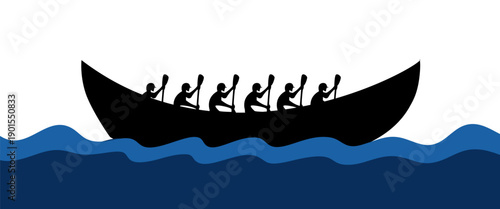 Black silhouette of a team of paddlers rowing in unison in a long, curved traditional boat.