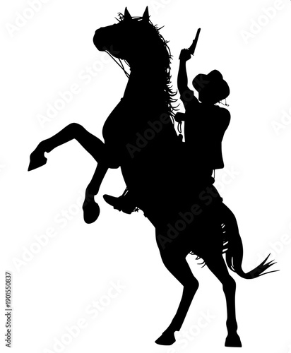 Arabian-style horseman silhouette, rearing horse, rider holding scimitar aloft, flat black vector, clean white background, tattoo/stencil ready.