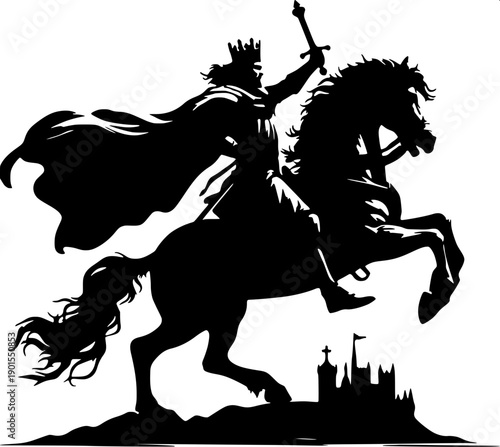 Arabian-style horseman silhouette, rearing horse, rider holding scimitar aloft, flat black vector, clean white background, tattoo/stencil ready.