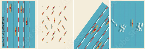Top view illustration of outdoor swimming pool with lanes and swimmers. Summer sport background, training, competition, fitness and healthy lifestyle concept.