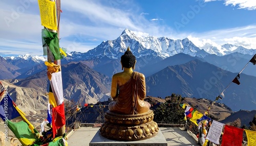 Golden Buddha statue facing majestic snow-capped peaks. Prayer flags decorate the scene