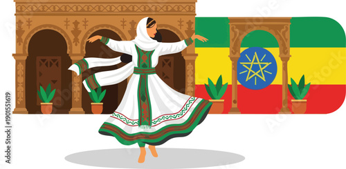 Woman in Traditional Ethiopian Dress Dancing.