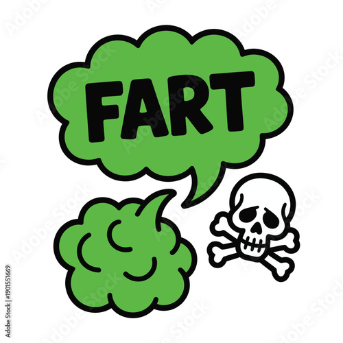A cartoon illustration of a green cloud with the word fart and a skull and crossbones symbol.