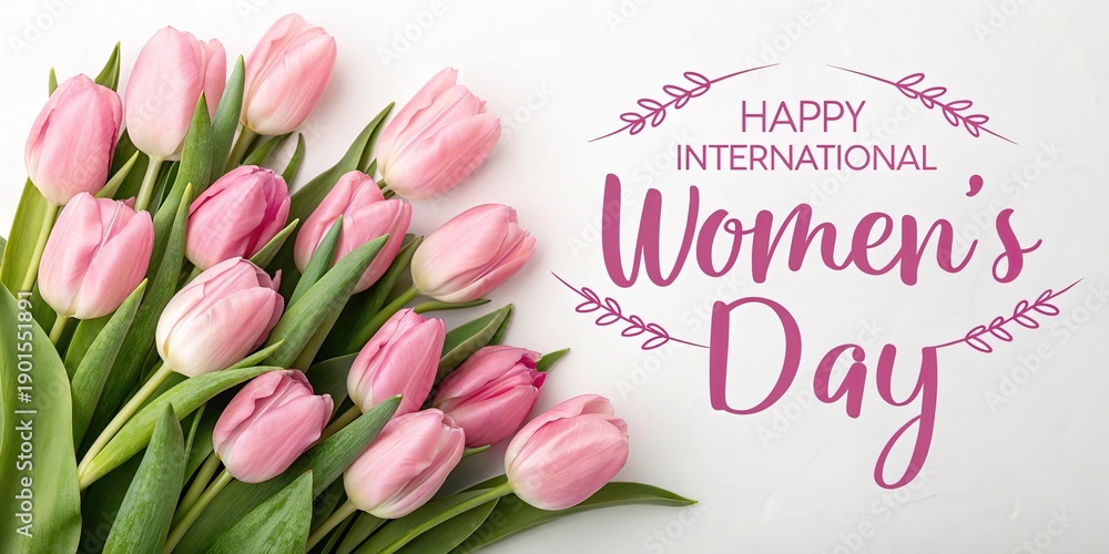 Fototapeta premium Happy Women Day 8 march banner with pink tulips bouquet hearts and ribbon on soft pastel background.