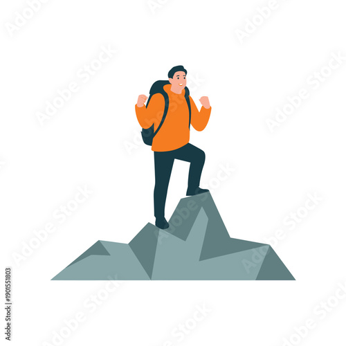 A triumphant man standing on top of a mountain with his fists raised in victory and a backpack on his back