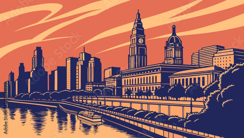 Philadelphia skyline along the riverfront with tall buildings and boats, capturing urban beauty. Great for cityscape themes and marketing materials.