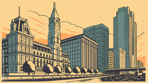 Philadelphia skyline at dawn suitable for travel websites, city guides, posters, and promotional materials showcasing the citys beauty and architecture.