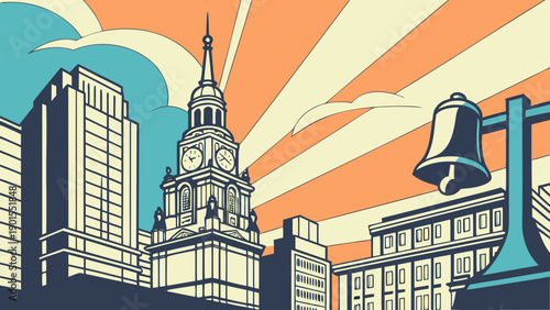 Philadelphia skyline featuring old citys historic buildings and the liberty bell against a modern backdrop. Ideal for cityscape or travel content.