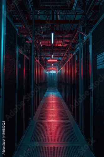 Cinematic telecom installation showcasing structured cabling racks and engineering depth in low light interior