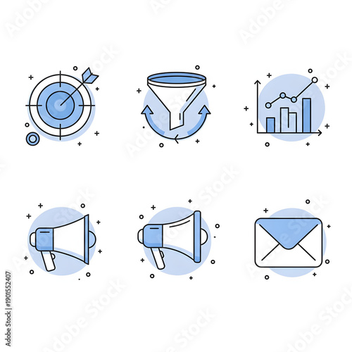 Marketing Strategy and Business Analytics Icon Set with Target, Funnel, Chart and Megaphone