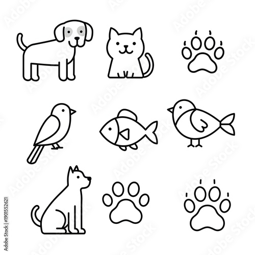 Cute Pet and Animal Line Icon Set with Dog, Cat, Bird, Fish and Paw Prints