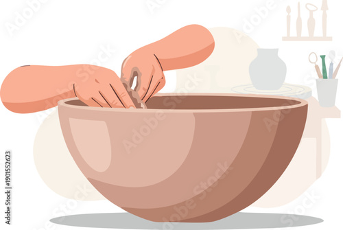 Hands Reaching into Ceramic Mixing Bowl.