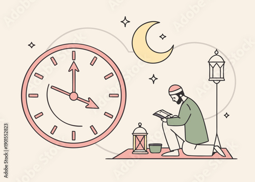 Flat vector illustration depicting a Muslim man in prayer, featuring a symbolic clock, crescent moon, and stars to represent sacred time and spiritual devotion