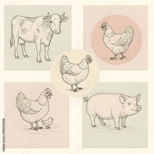 Farm Animals Hand Drawn Collection with Cow, Chickens and Pig in Rustic Style