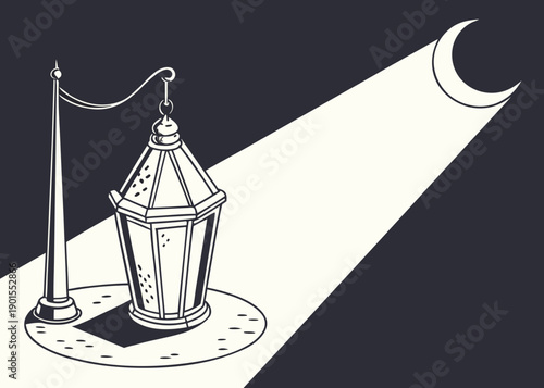 Minimal flat vector illustration focusing on light with a lantern and crescent moon