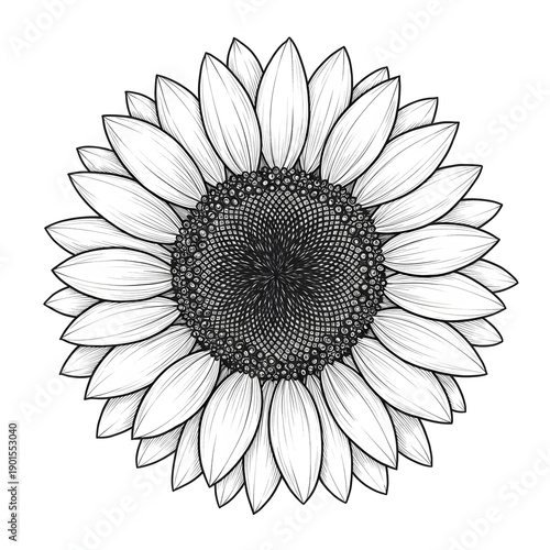 Detailed Sunflower Botanical Drawing with Large Bloom and Delicate Petals