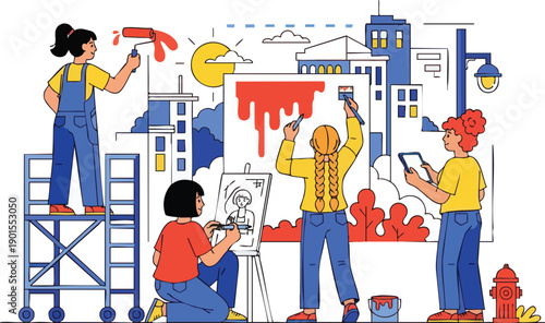 Artists Painting Large Canvas Together.