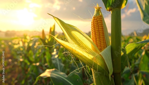Golden ear of corn in a sunlit field, showcasing ripe kernels. Leaves surround the cob