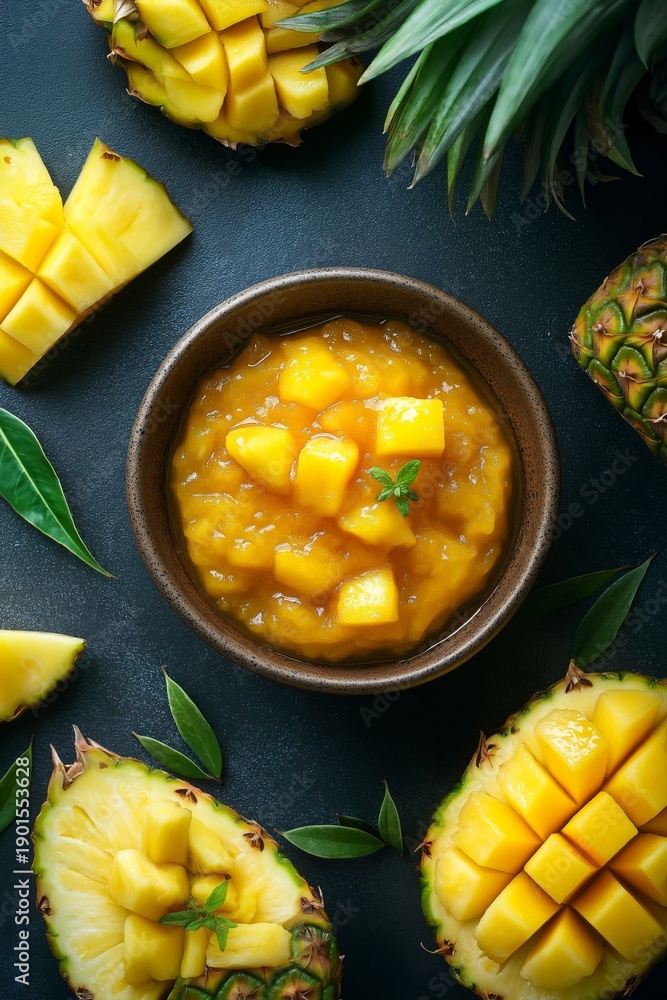 Naklejka premium Overhead view of mango pineapple jam in a bowl, fresh mangoes, pineapples, and a slice of toast with jam, tropical aesthetic