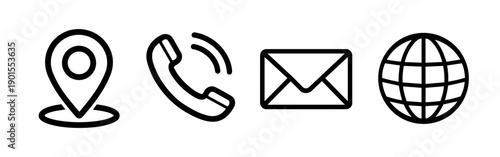 Contact Outline Icons Set - Location Pin, Phone, Email and Globe Black Vector Symbols