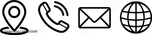 Contact Outline Icons Set - Location Pin, Phone, Email and Globe Black Vector Symbols